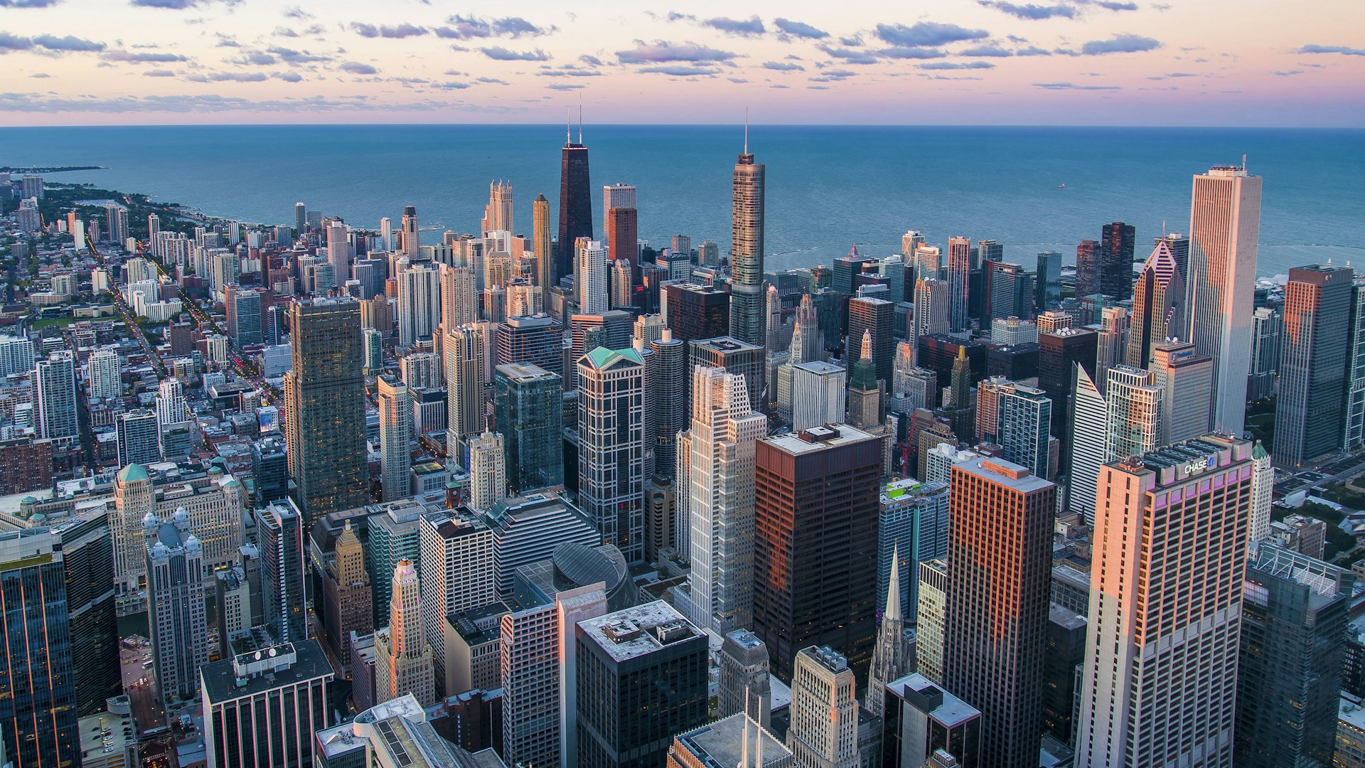 City skyline at dusk